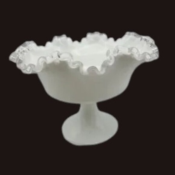 Vintage Fenton Silvercrest Double Ruffled Pedestal Milk Glass Bowl Granny Core - Picture 2 of 6